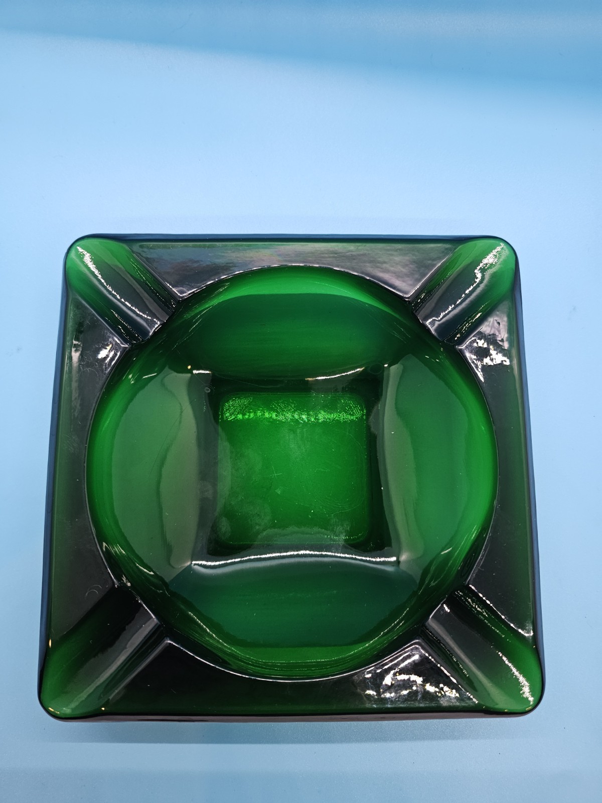 Vintage MCM Anchor HockGreen Art Glass Ashtray 8” Square Heavy Glass 1960s