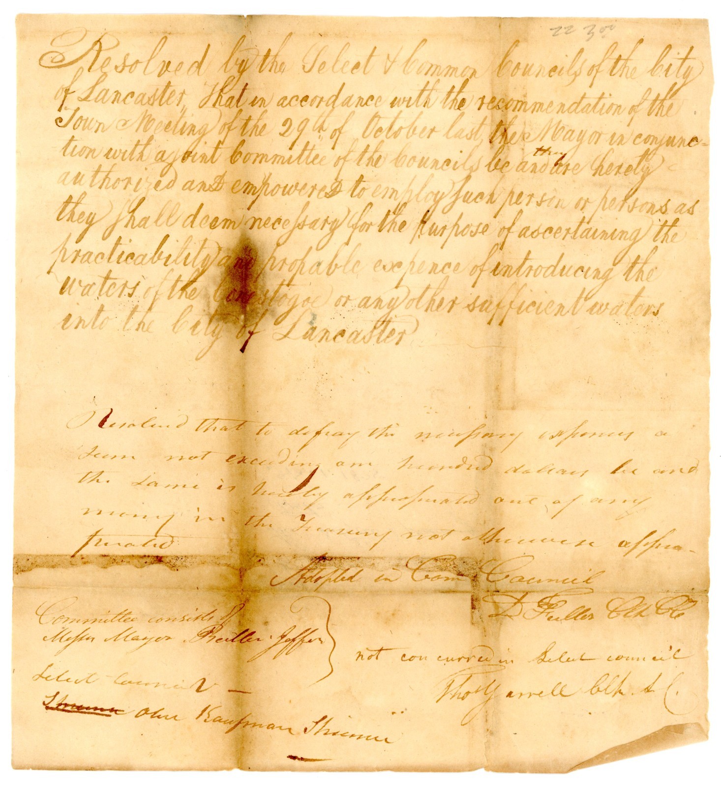 1825 Lancaster Pennsylvania Manuscript Resolution – City Council Selectmen Water