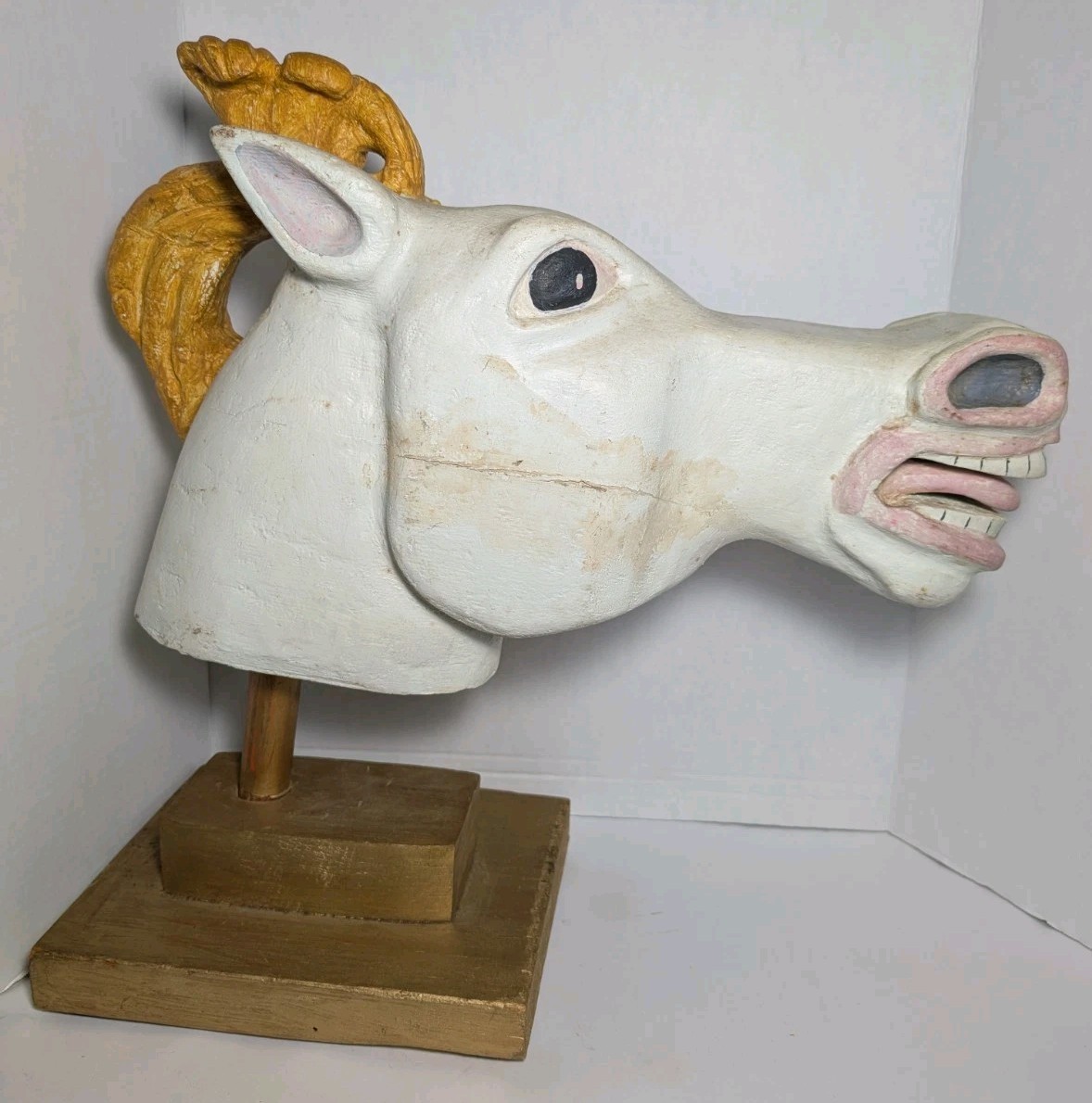 VTG MCM Folk Art Hand Carved Carousel Horse Head Solid Wood 19\