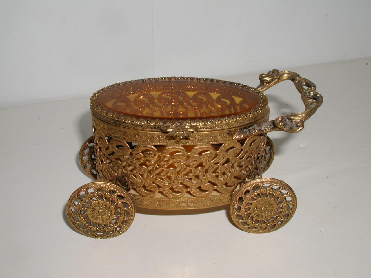 Antique French Style Ormolu Filigree & Amber Beveled Glass Carriage Jewelry Box