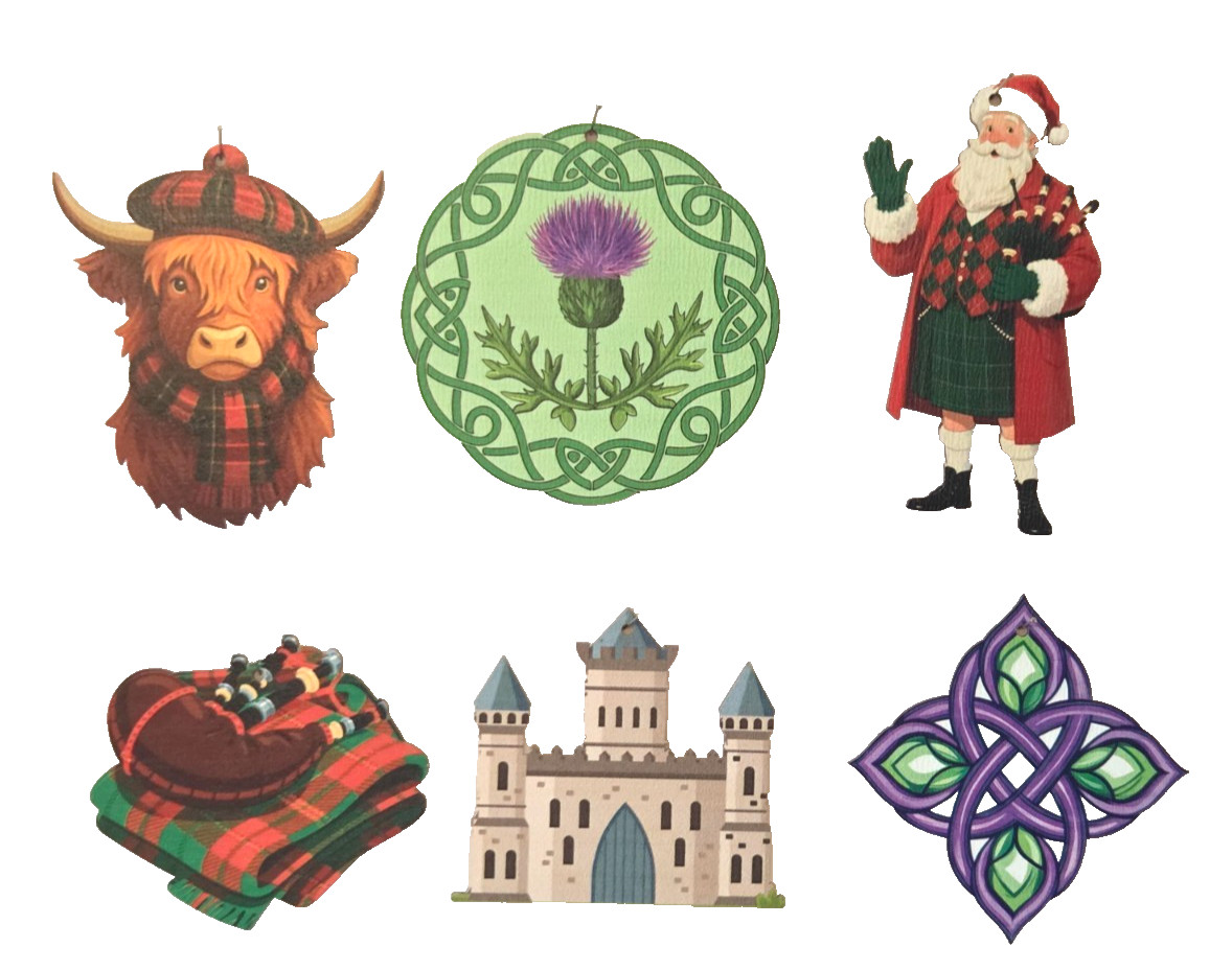 Wooden Scottish Christmas Ornaments, 6 Different Designs, Approx. 4\