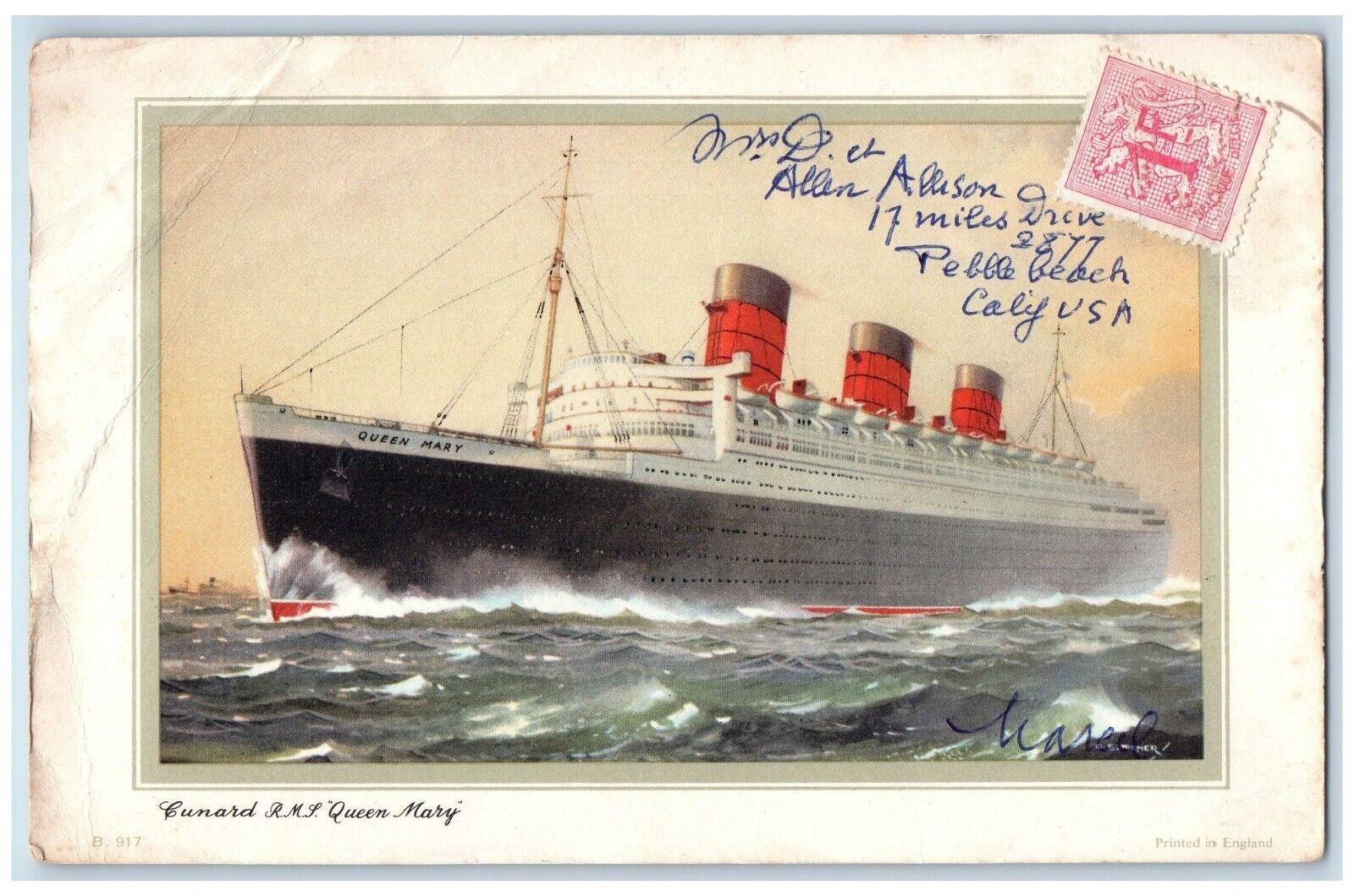 Cunard RMJ Queen Mary Steamer Ship Pebble Beach California CA Vintage Postcard