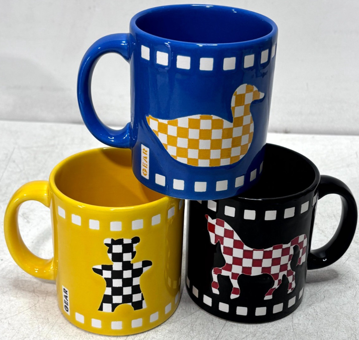Waechtersbach Germany Animal Checkered Ceramic Coffee Mug Cup Lot of 3