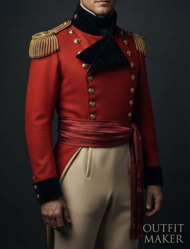 Men\'s British Brigidier General Officer Red Wool Tail Coat With Sash & Epaulette