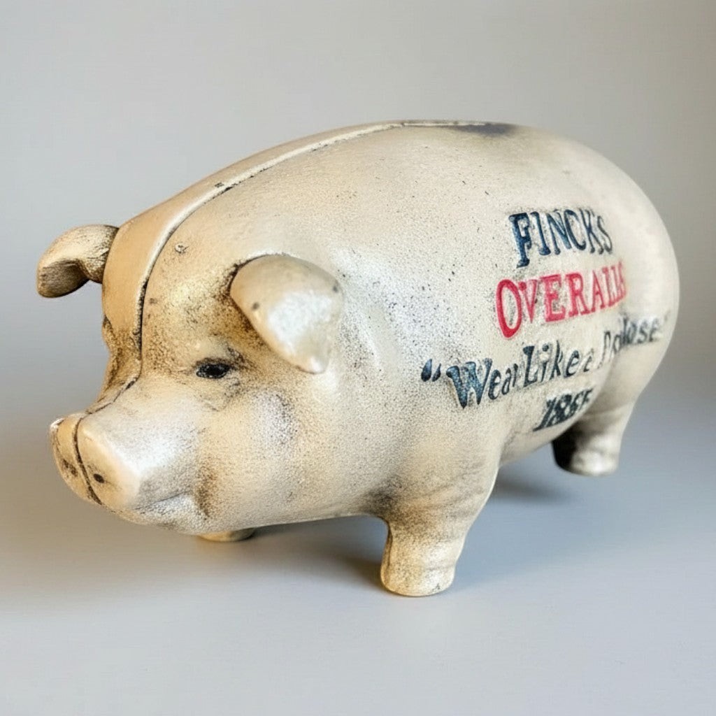 Finck\'s Overalls Pig 1885 Cast Iron Coin Bank