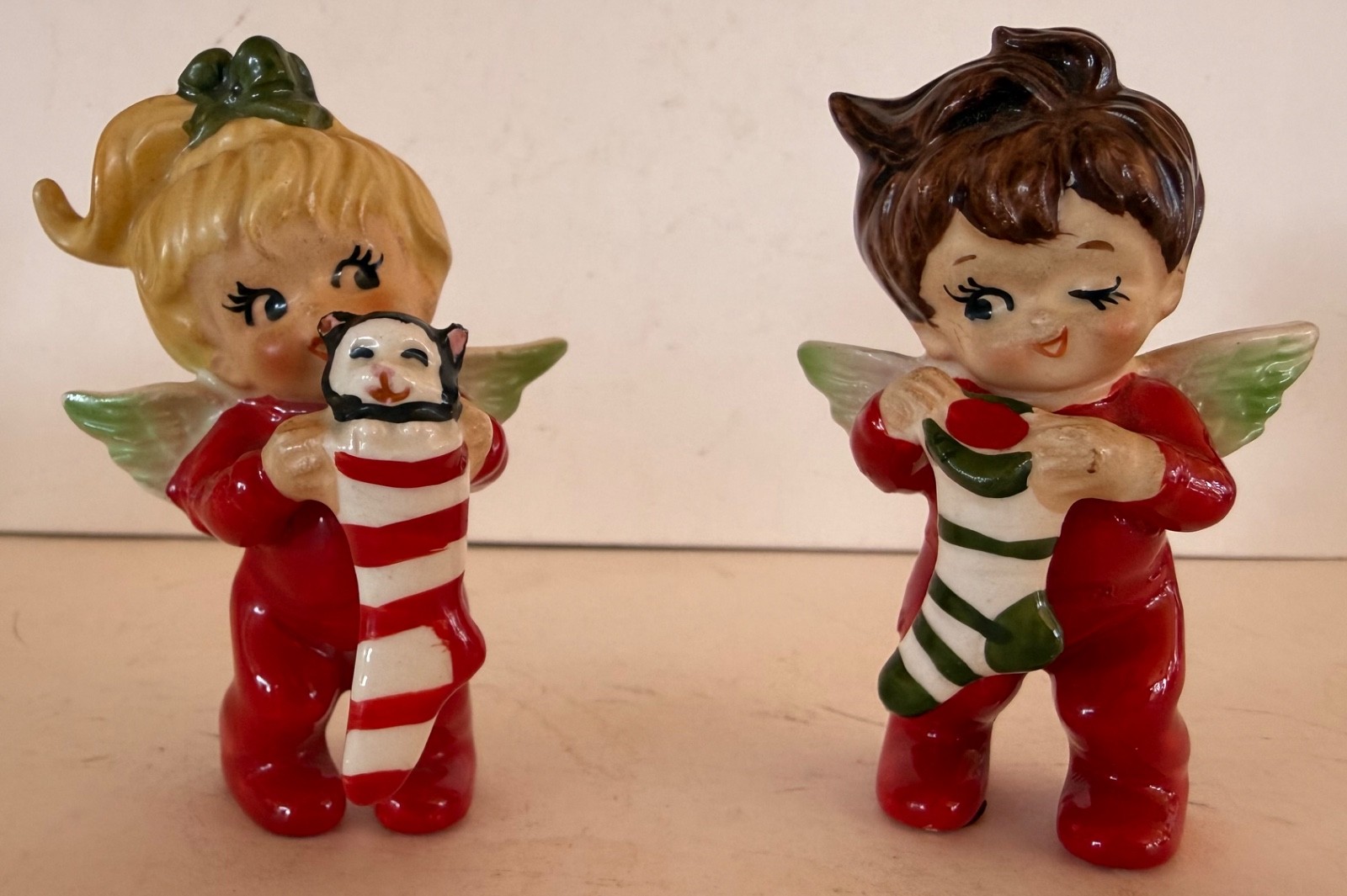 Vintage Lefton Angel Brother & Sister Peeking In Christmas Stocking Figurines Vintage Lefton Angel Brother & Sister Peeking In Christmas Stocking Figurines