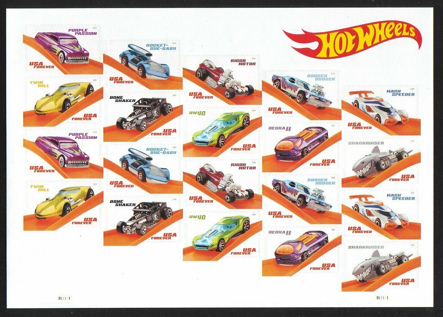 USPS 50TH ANNIVERSARY HOT WHEELS SHEET OF 20 FIRST CLASS LETTER STAMPS