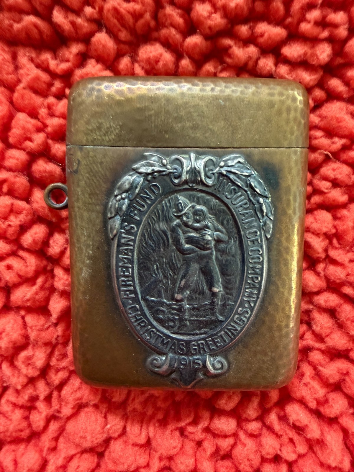 Fireman\'s Fund Insurance Christmas Greetings 1915 Match Safe Bronze Silver Clean