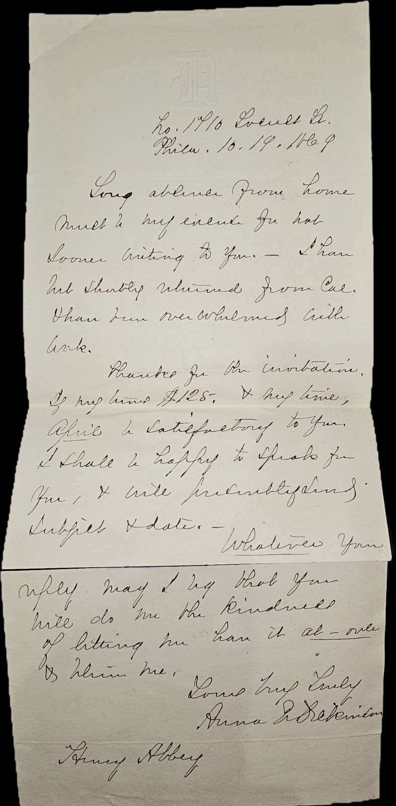 1869 Anna E Dickinson ALS, Lecture Fees, Quaker, Abolitionist, Early Suffragette