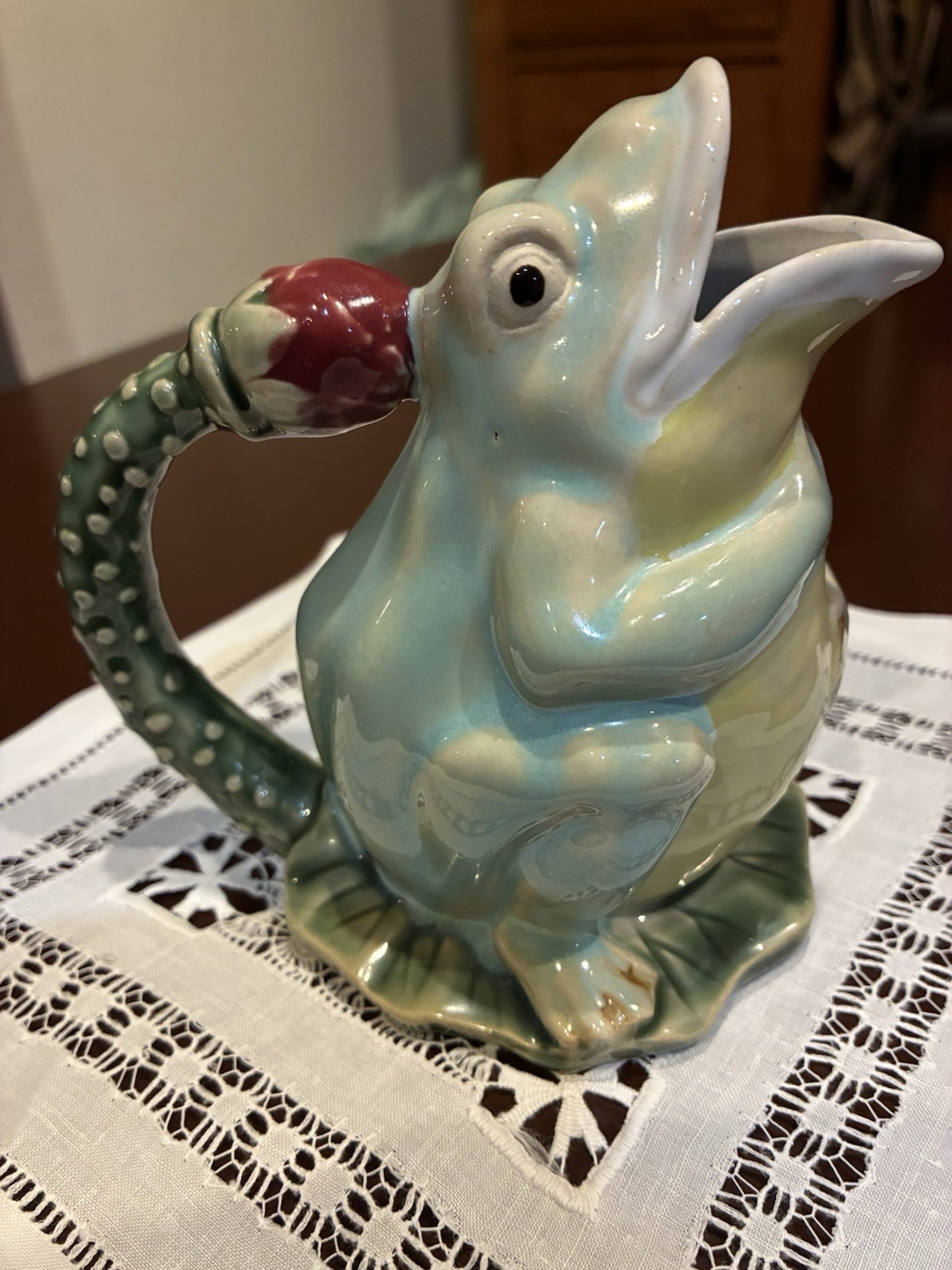 Vtg Henriksen Imports Majolica Frog Pitcher Hand Painted Ceramic Frog Lily Pad