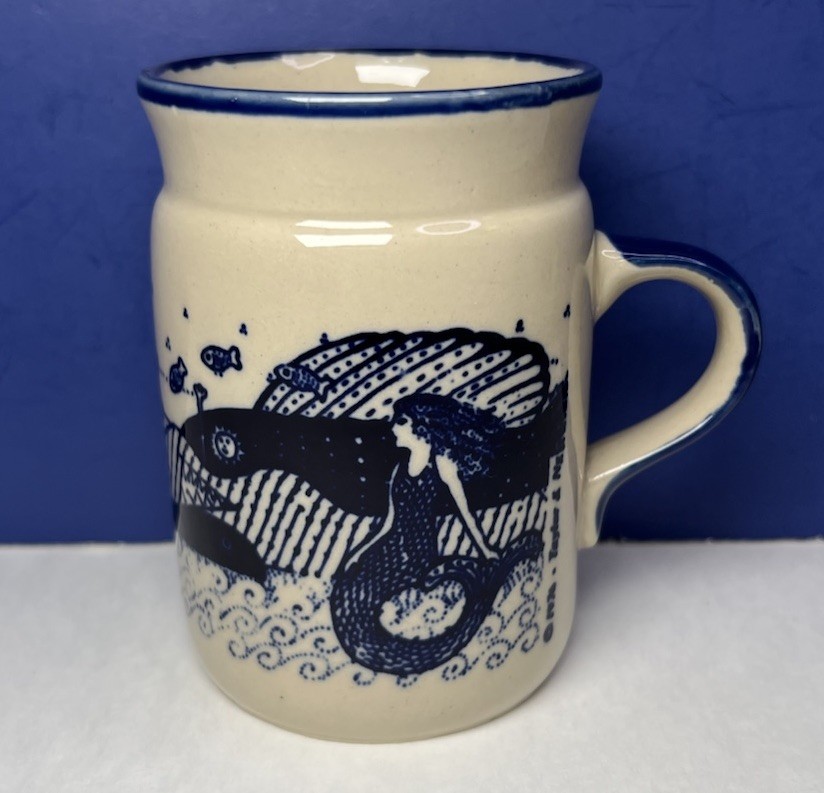 Vintage Taylor & Ng 1976 Mermaid Whale Butterfly Coffee Mug Blue Glaze RARE