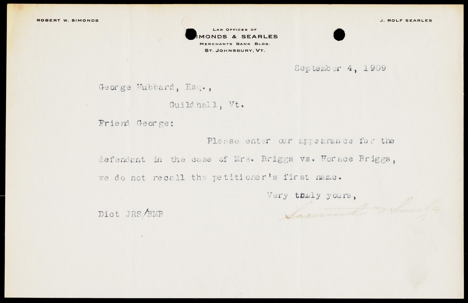 1909 Simonds & Searles Law Offices St. Johnsbury VT Vintage Legal Letterhead 1909 Simonds & Searles Law Offices St. Johnsbury VT Vintage Legal Letterhead