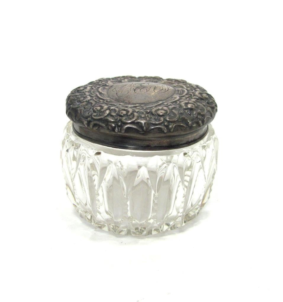 VTG Small Crystal Vanity Dresser Powder Jar Repousse Sterling Silver Lid Antique