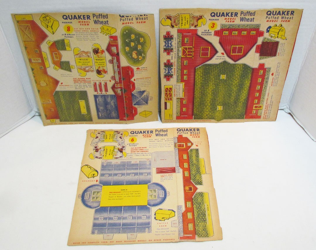 PUFFED WHEAT MODEL FARM CEREAL BOX BACK LOT OF 3 QUAKER c. 1940's VINTAGE