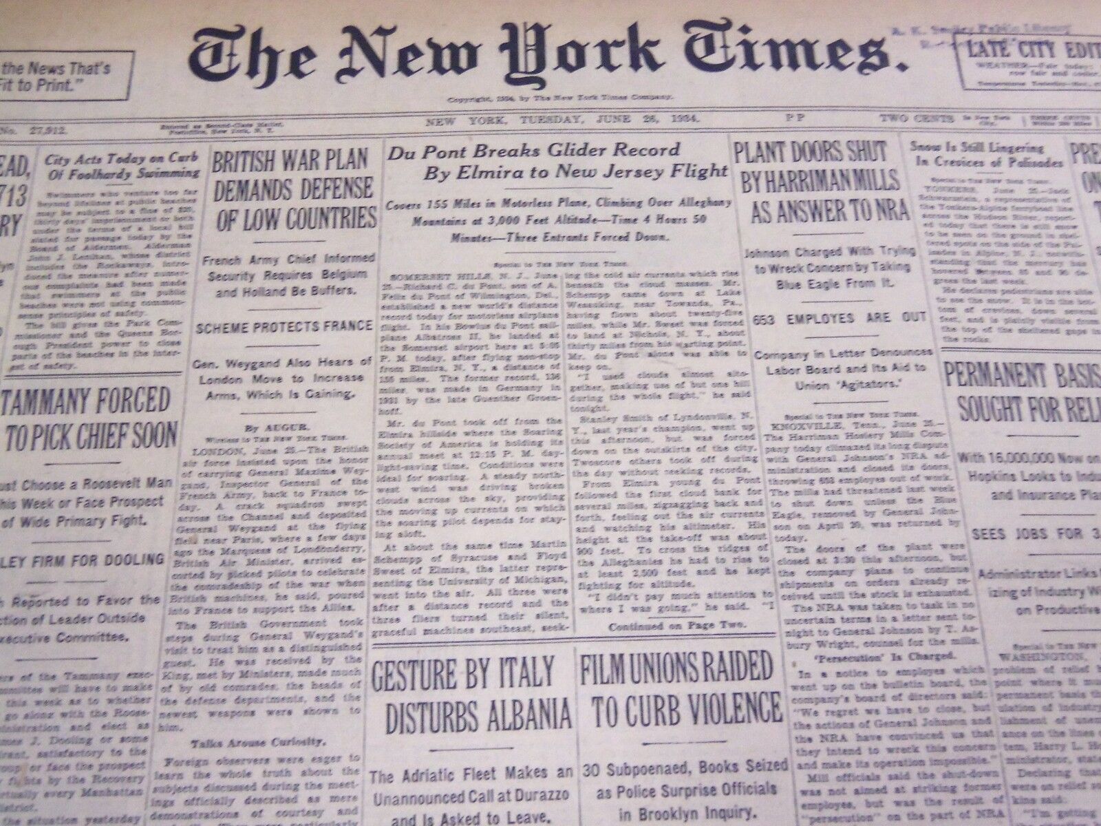 1934 JUNE 26 NEW YORK TIMES - DU PONT BREAKS GLIDER RECORD - NT 4210