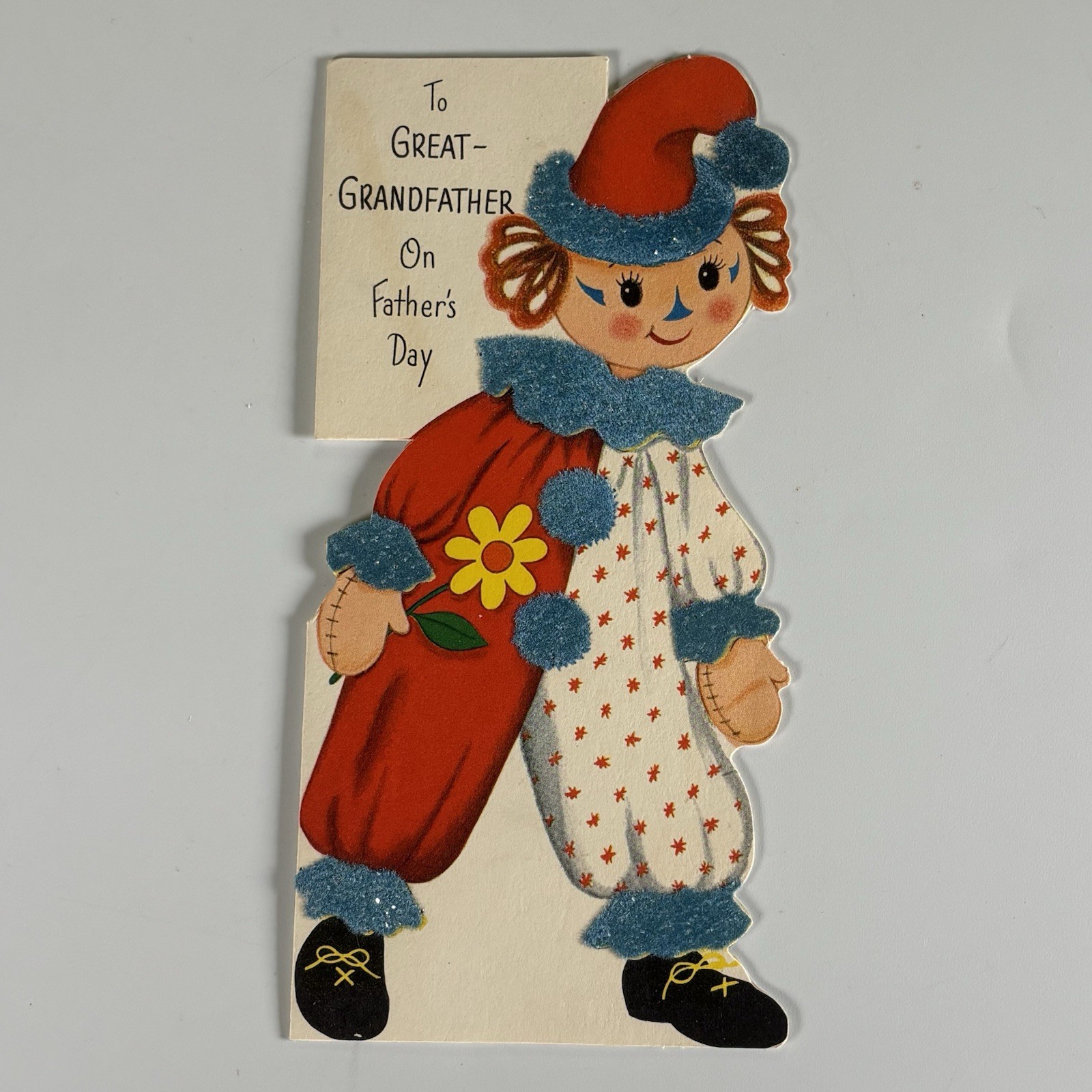 Vintage Flocked Die Cut Great Grandfather Father’s Day Card Clown Rust Craft