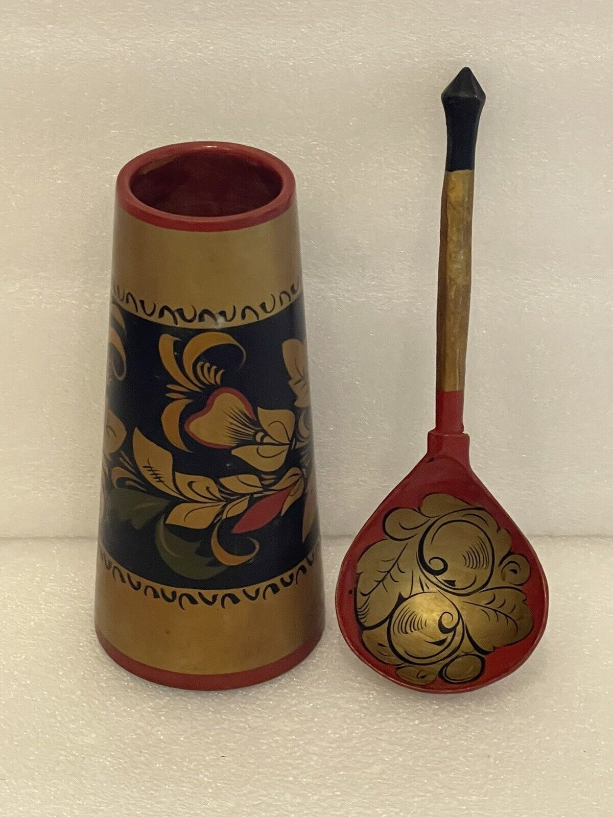 Vintage USSR Khokhloma Art Wood Vase and Spoon Hand Painted