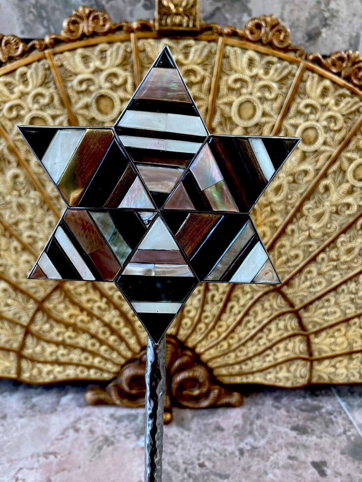 Star Of David Sculpture Inlaid Stone Hammered Metal 18” Height Horchow $940 Vtg