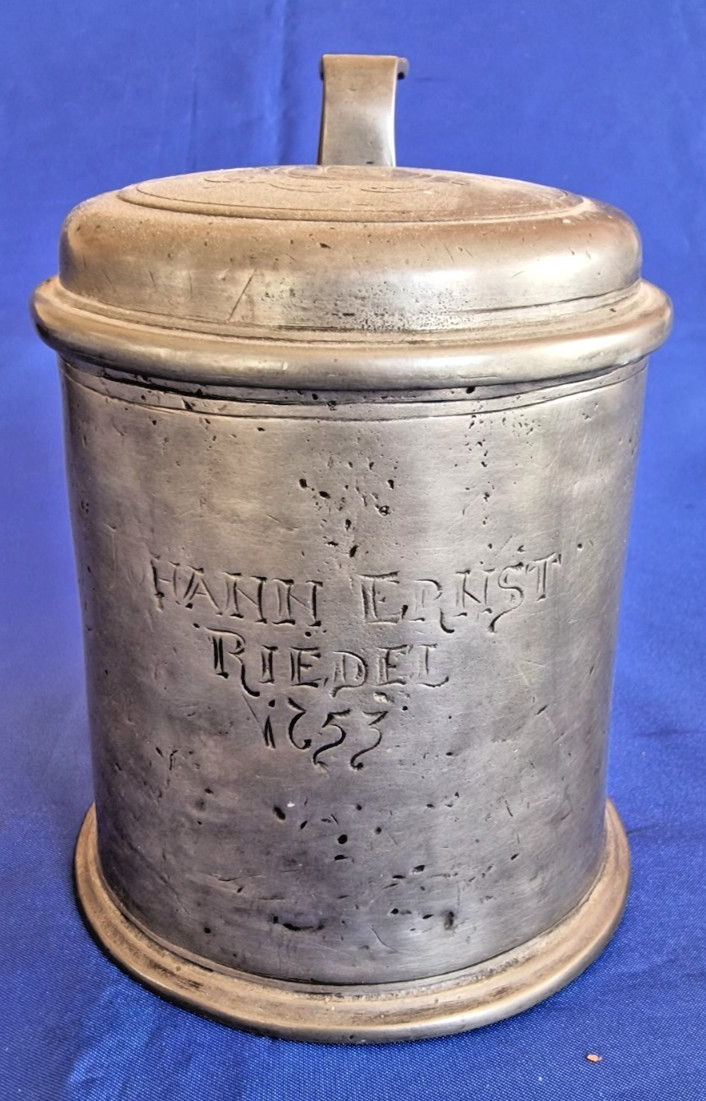 1753-Antique Beer Pewter Tankard-Antique Pewter Mug-Johann Ernst Riedel