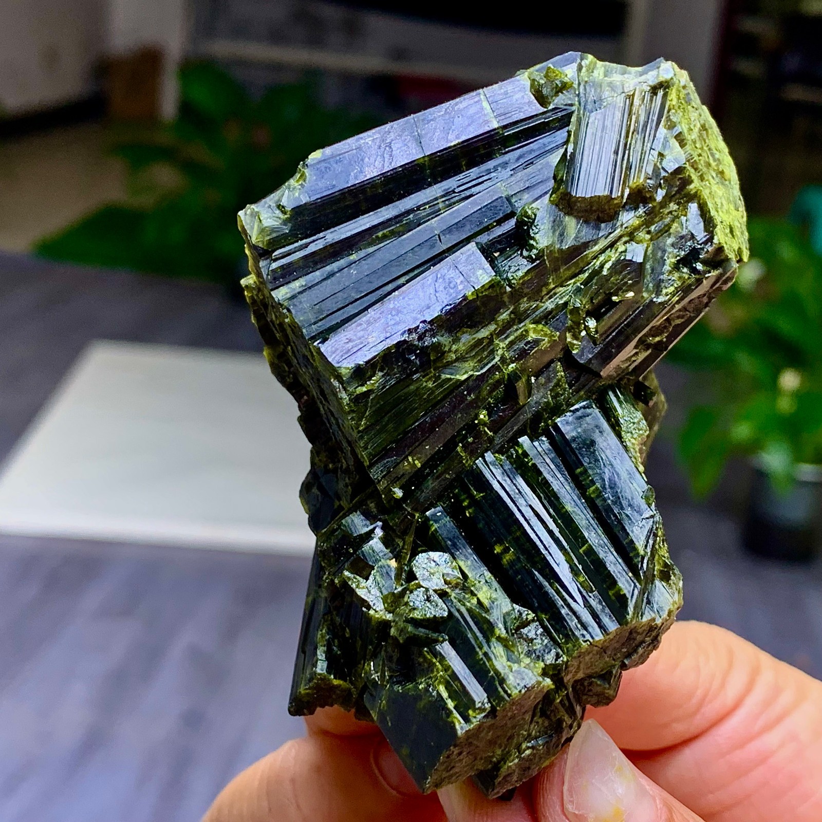 271G Natural green tourmaline quartz crystal cluster mineral specimen