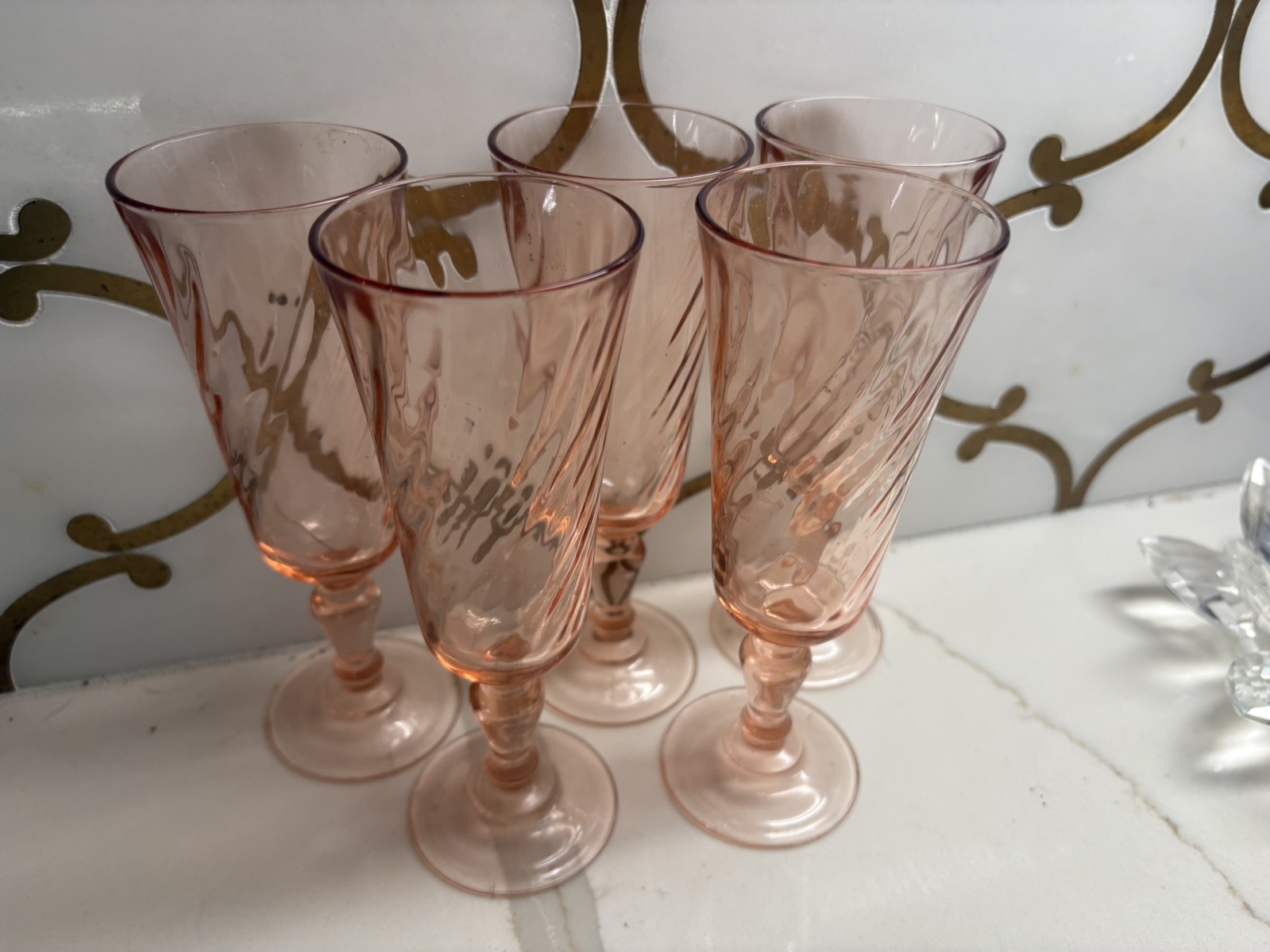 5 Arcoroc Rosaline Pink Swirl Champagne Flute Glasses - France - 6.5” Vintage