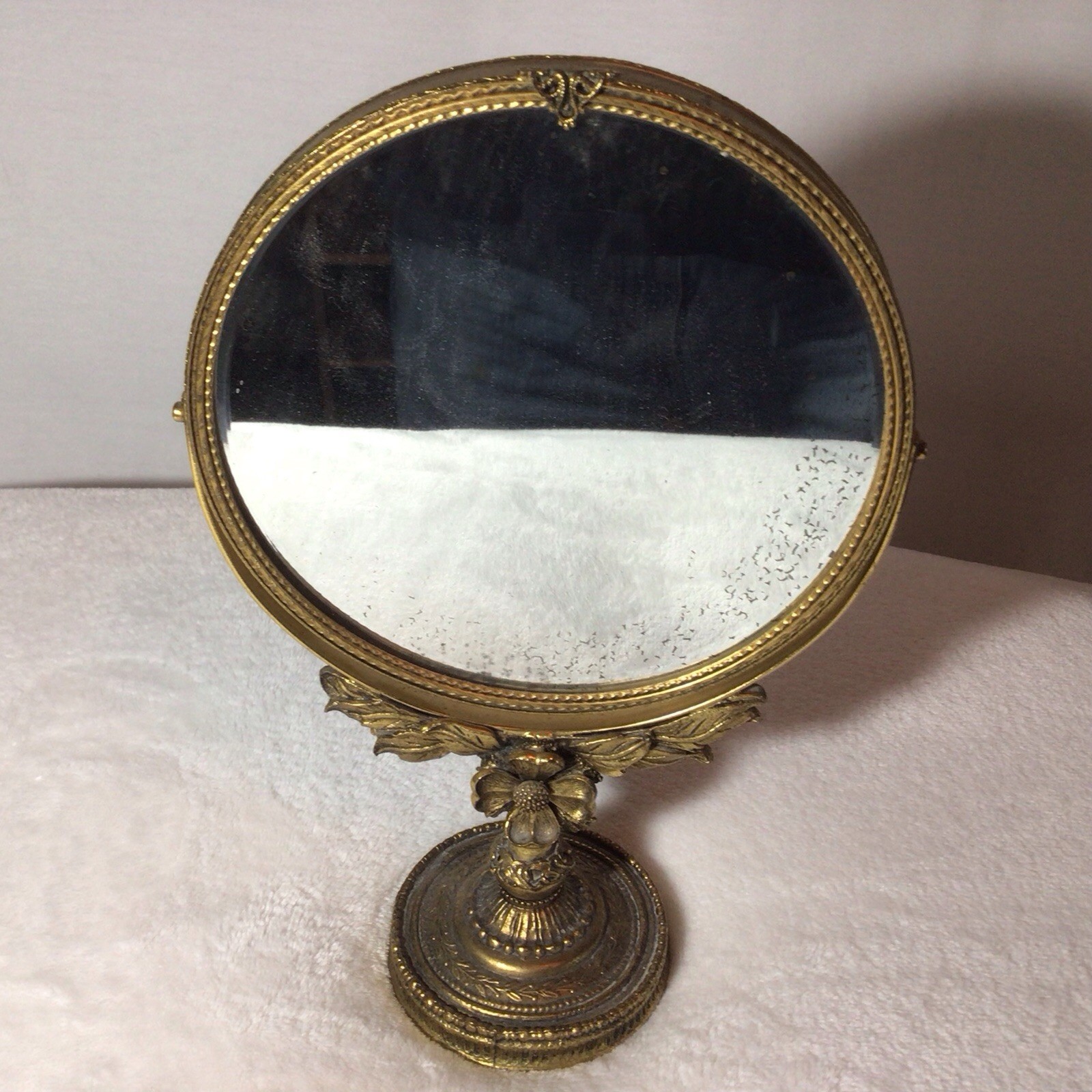 Vintage Ornate 14k Gold Gilt Floral Swivel Vanity Cosmetic Mirror