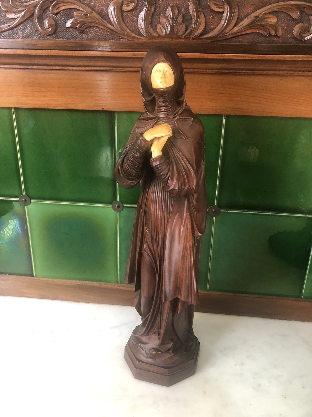 Antique Germany 16” Carved Black Forest Nuremberg Madonna W/ Original Label