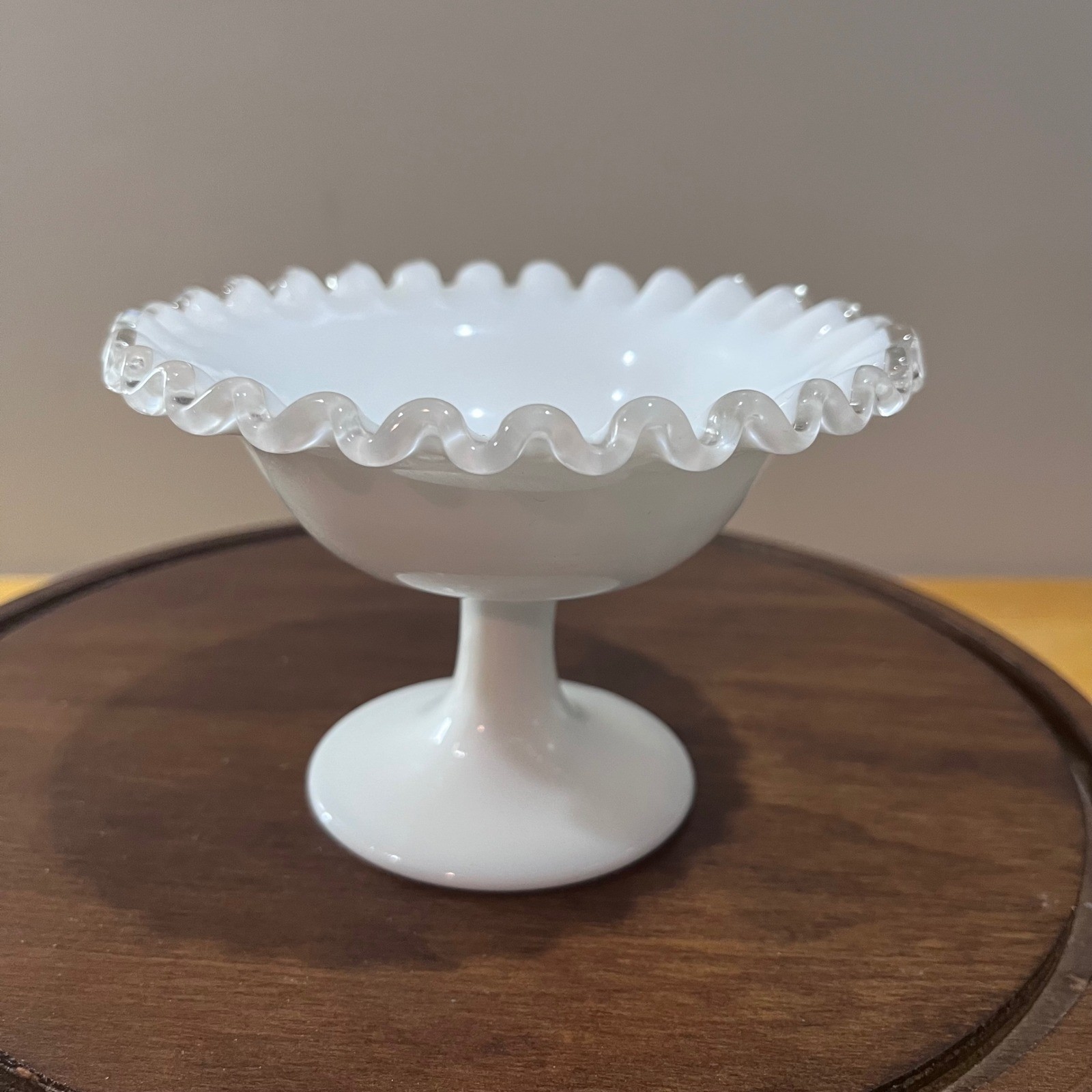 Vtg Fenton Milk Glass Silver Crest Ruffled Pedestal Compote Candy Dish MCM 5.5
