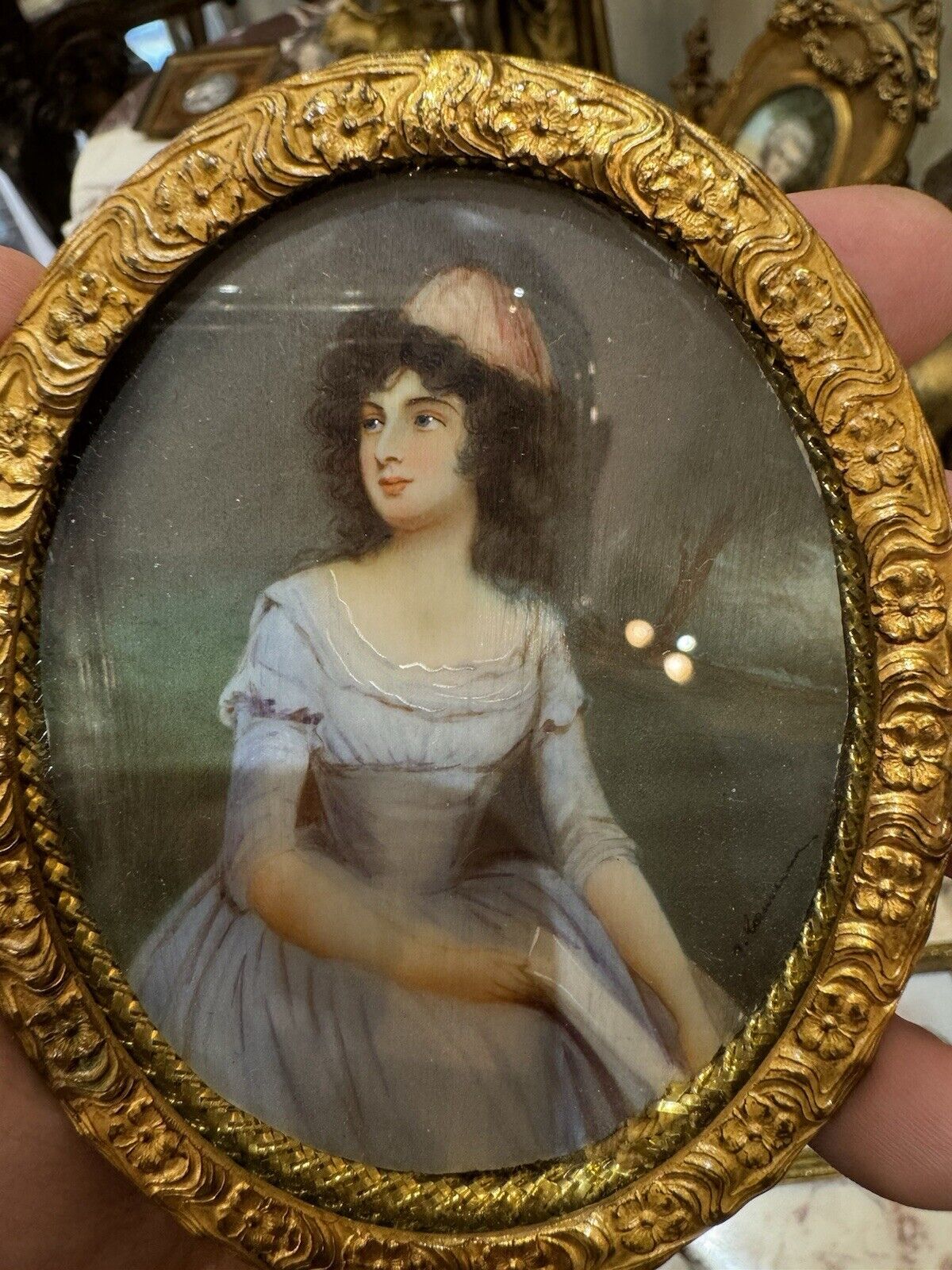 Miniature French Hand-Painted Portrait Gilt Brass Frame