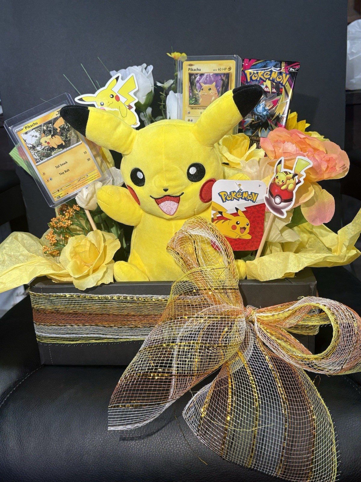 Pikachu Inspired Pokémon Custom Gift Basket Plush Cards Flowers Gift Set Pikachu Inspired Pokémon Custom Gift Basket Plush Cards Flowers Gift Set