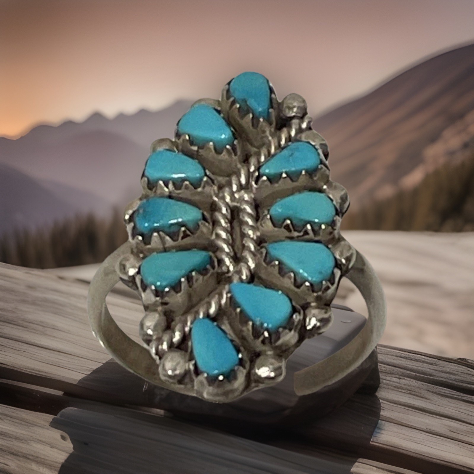 VINTAGE Navajo Zuni Natural Turquoise Cluster Ring Size 6.5 Signed HS 1970s-1990 VINTAGE Navajo Zuni Natural Turquoise Cluster Ring Size 6.5 Signed HS 1970s-1990