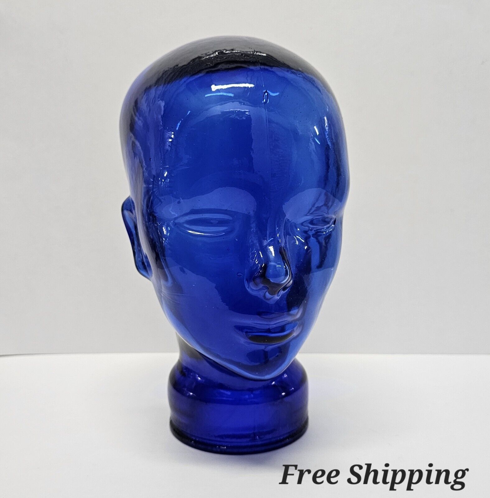 Vintage Cobalt Blue Art Glass Head Life Size Mannequin 11” Hat or Wig Stand 