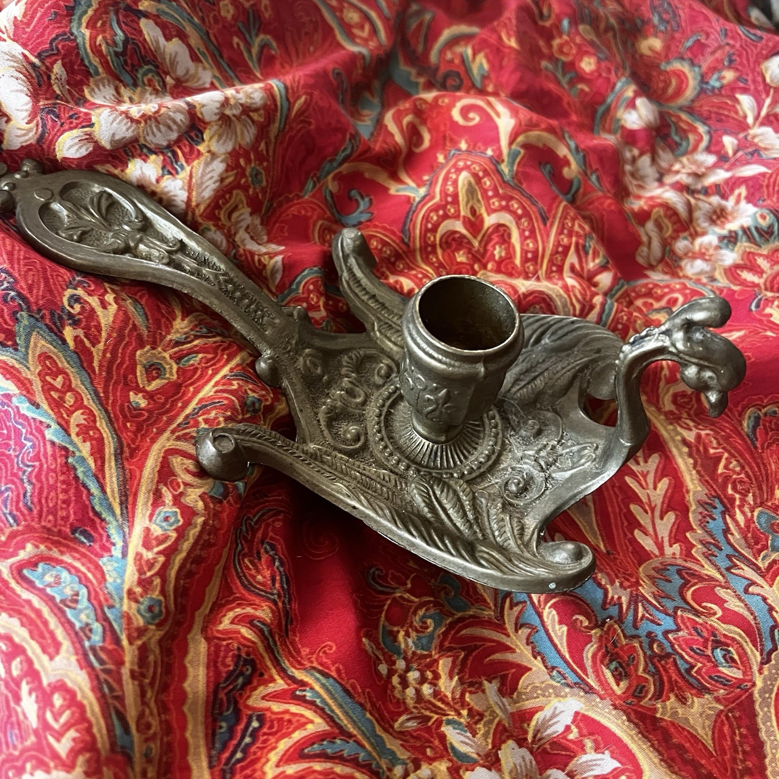Antique Vtg Ornate Brass Peacock Bird Phoenix Chamber Candle Candlestick Holder