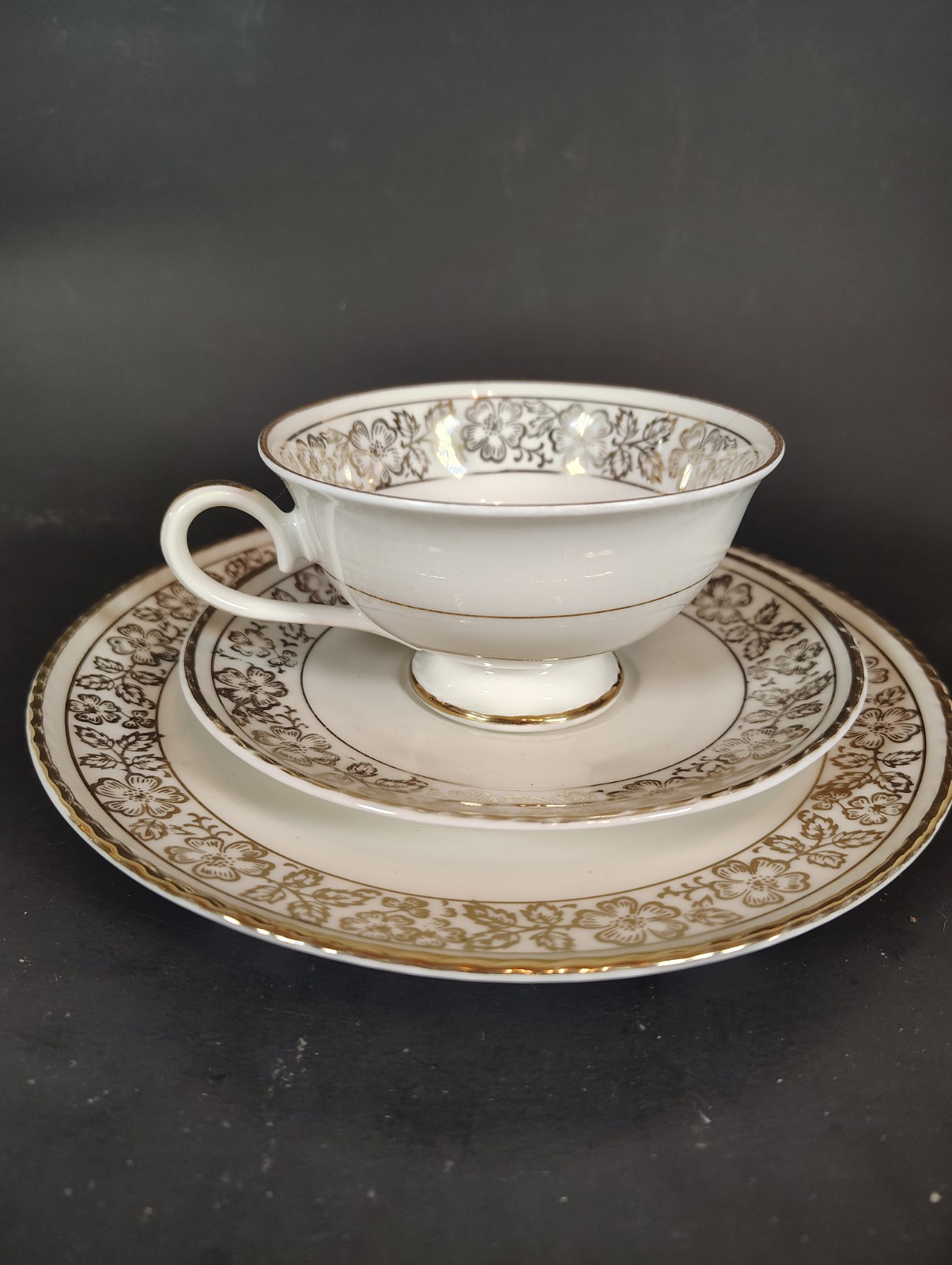 Vintage Bavaria Porcelain Tea Trio Cup Saucer Dessert Plate Gold Floral Crown R