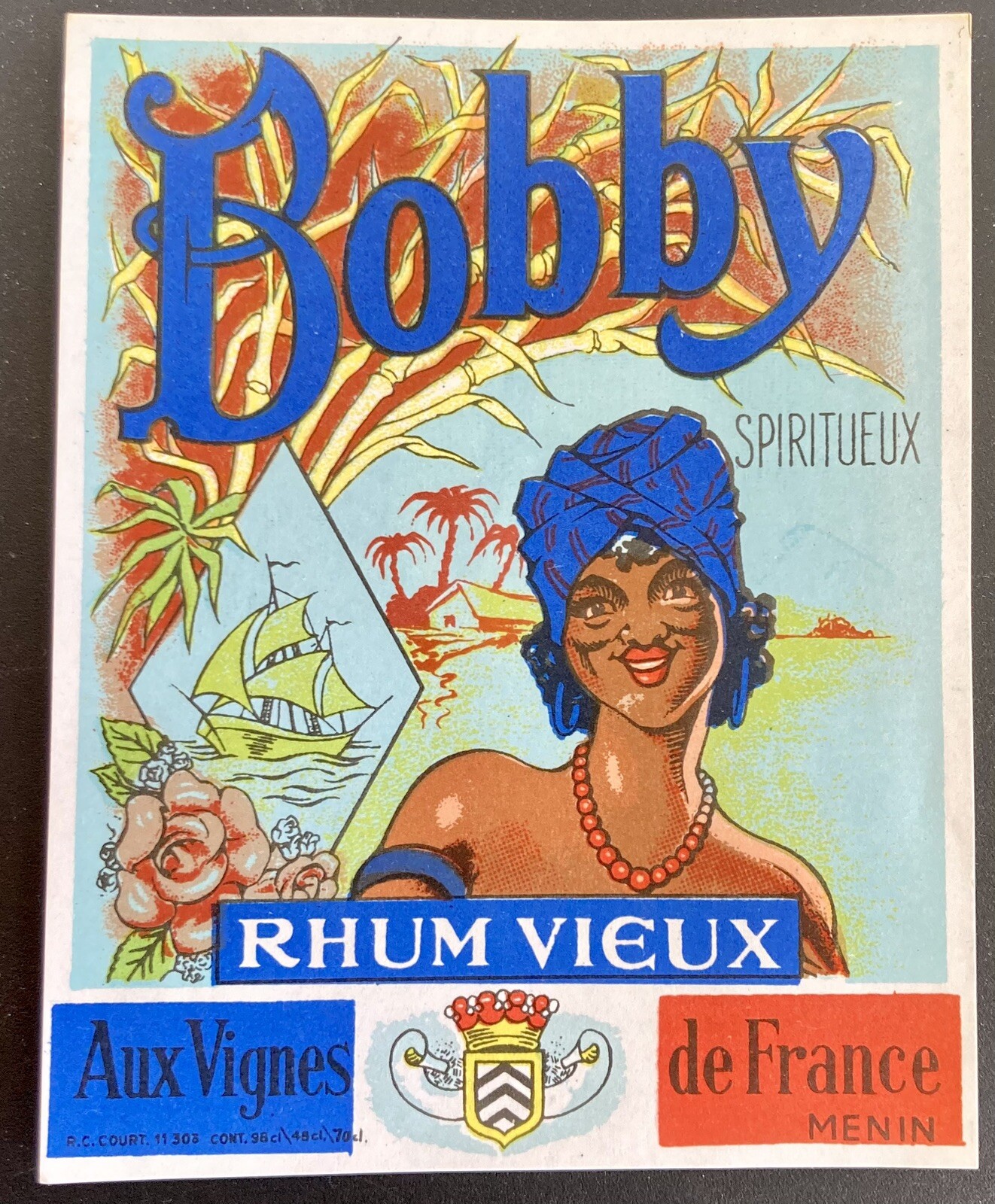 BOBBY SPIRITUEUX RHUM VIEUX Aux Vignes de FRANCE 1920\'s Paper Bottle Label