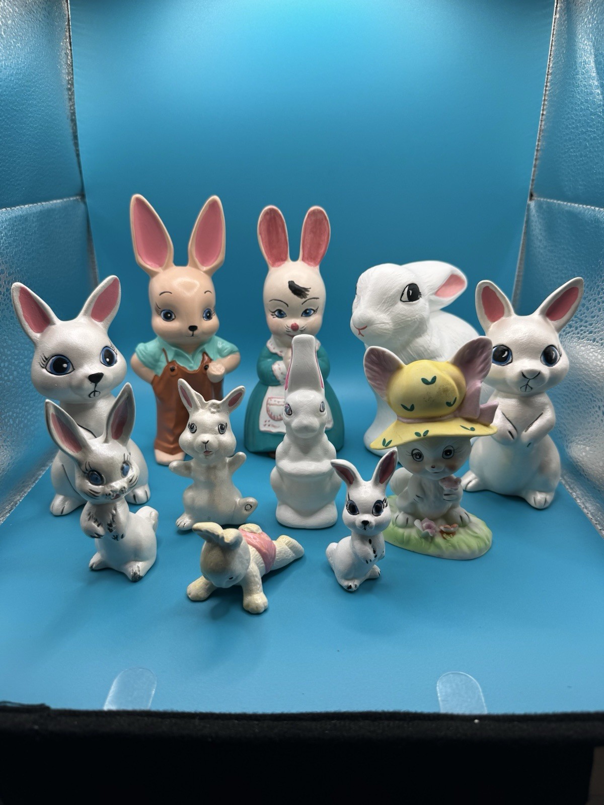 Vintage Ceramic Easter Bunny Figurines Lot Of 11 - Matching Pairs Colorful