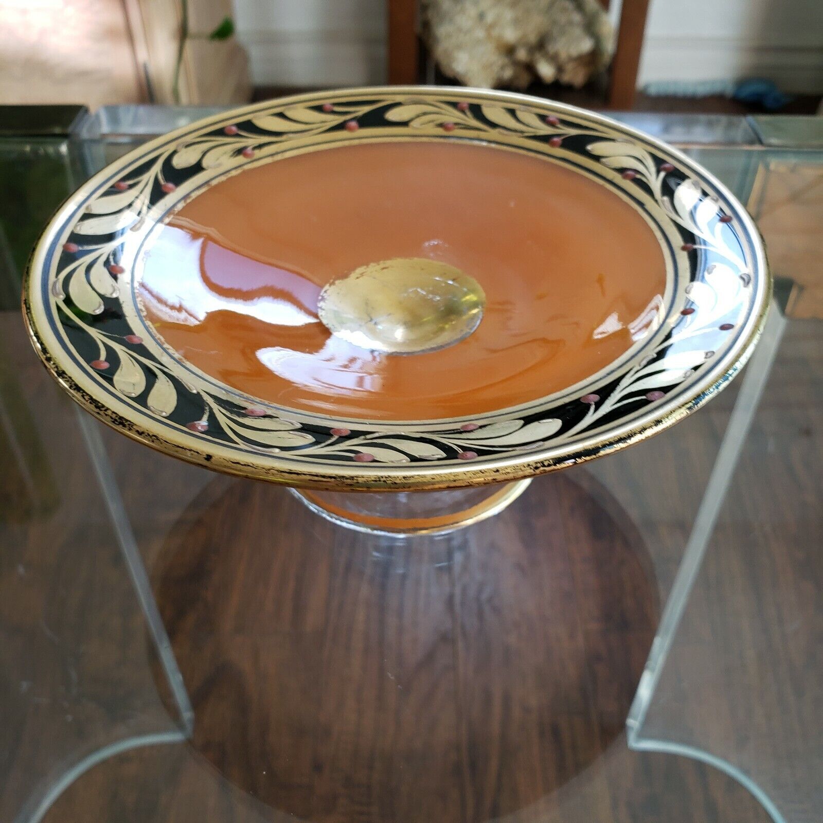 Lancaster Marguerite? Orange Black Gold Acanthus Rim Footed Pedestal Glass Bowl