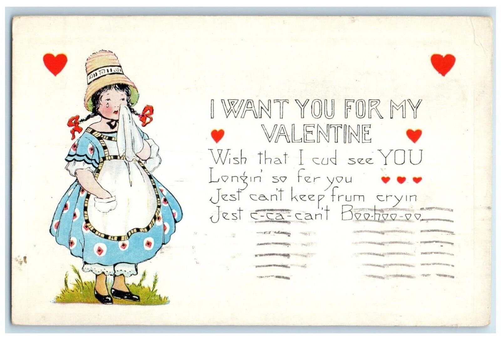 1924 Valentine Woman Crying Bonnet Hearts Saint Paul Minnesota MN Postcard