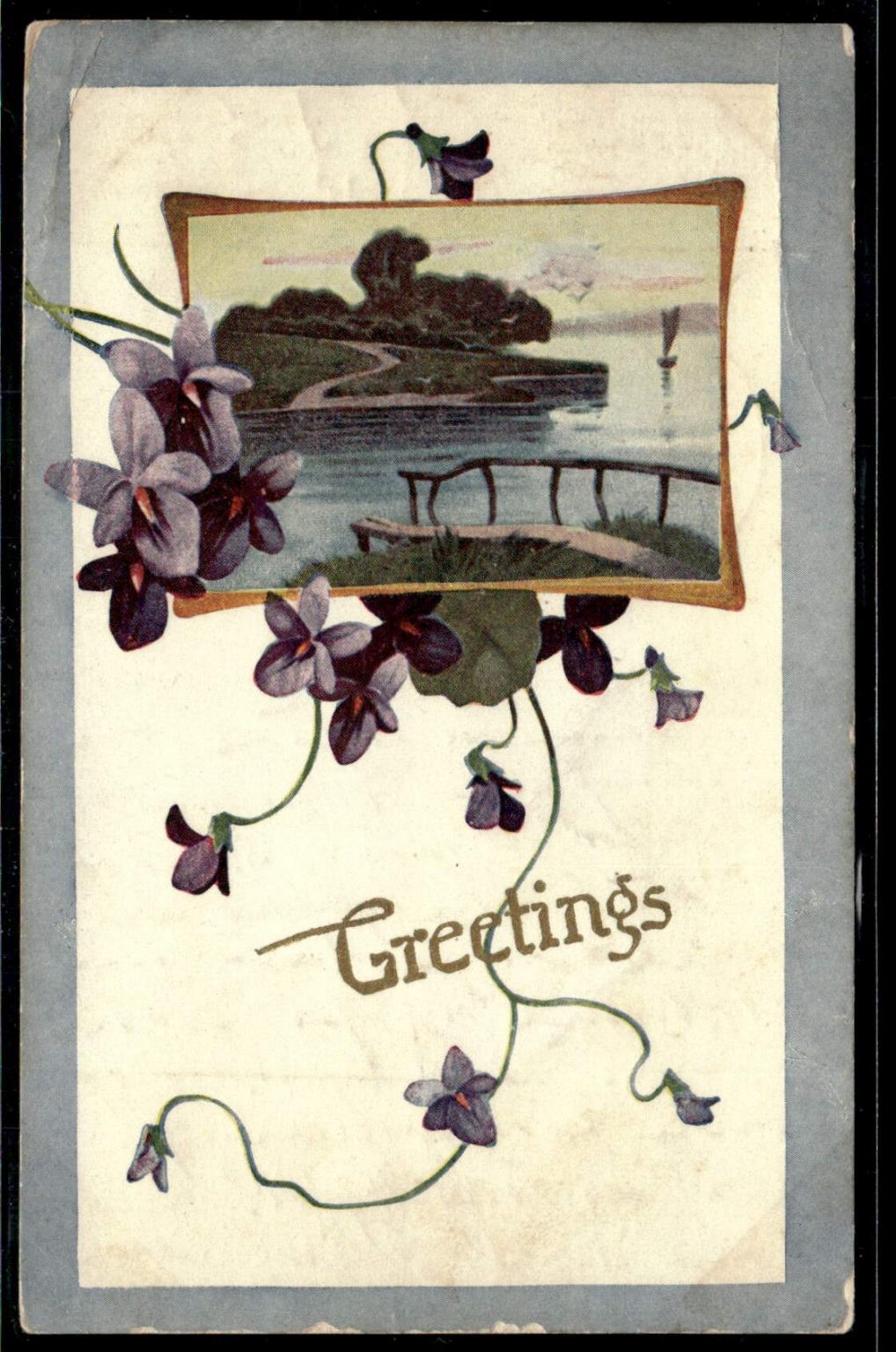 1908 Greetings Postcard Violets & Scenic Lake Williston North Dakota Postmark 1908 Greetings Postcard Violets & Scenic Lake Williston North Dakota Postmark