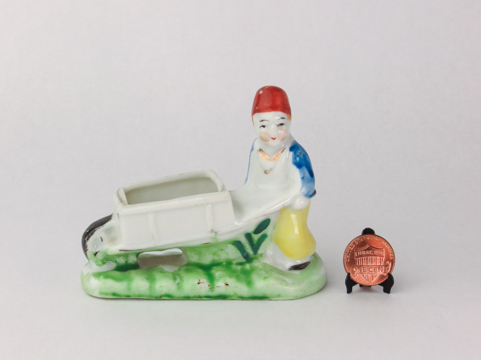 Vintage Porcelain Figural Planter Made Occupied Japan, Man Pushing Wheelbarrow