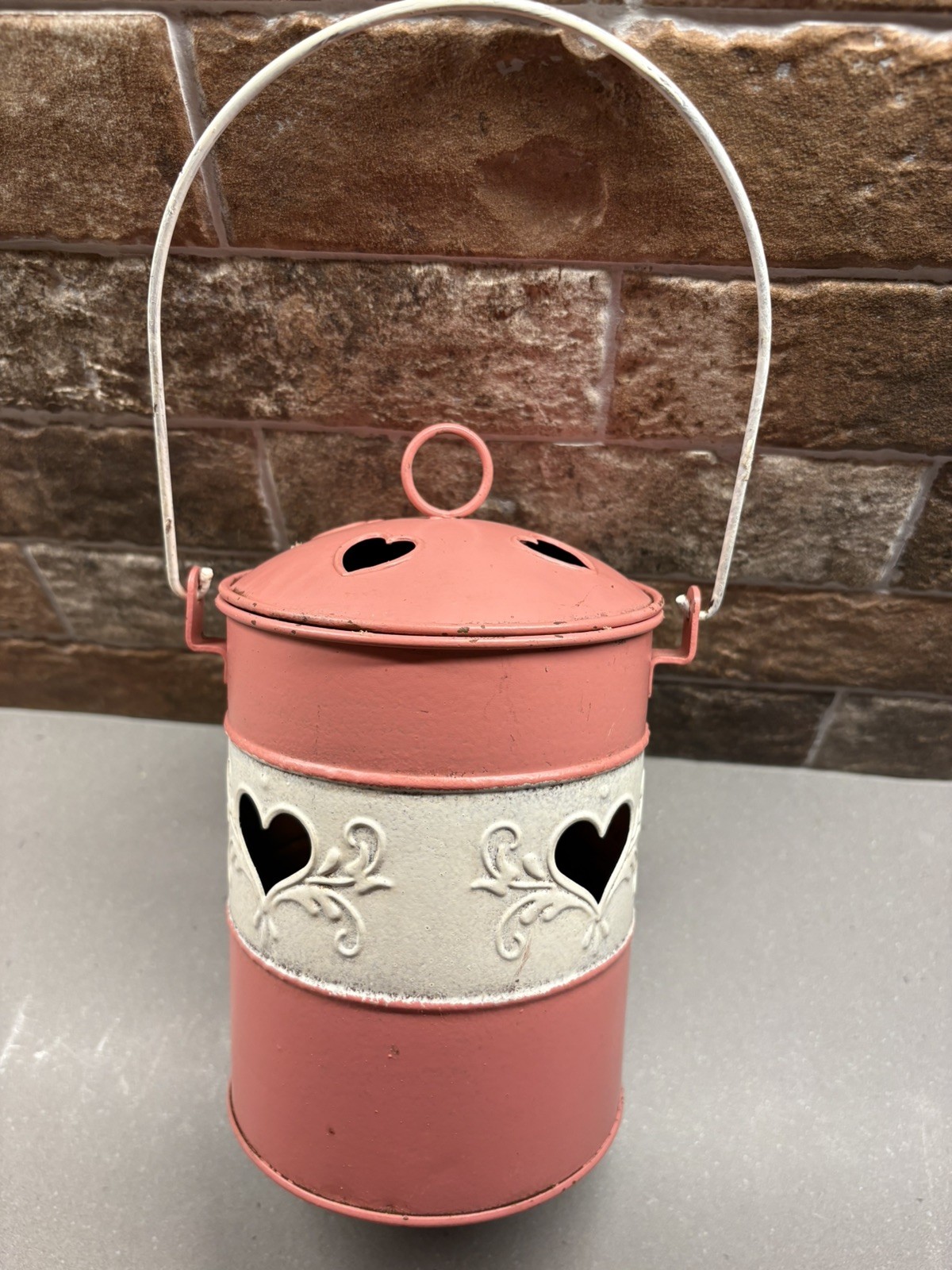 Vintage Tin Metal Canister Container w/Handle & Lid Cut out Hearts Pink White
