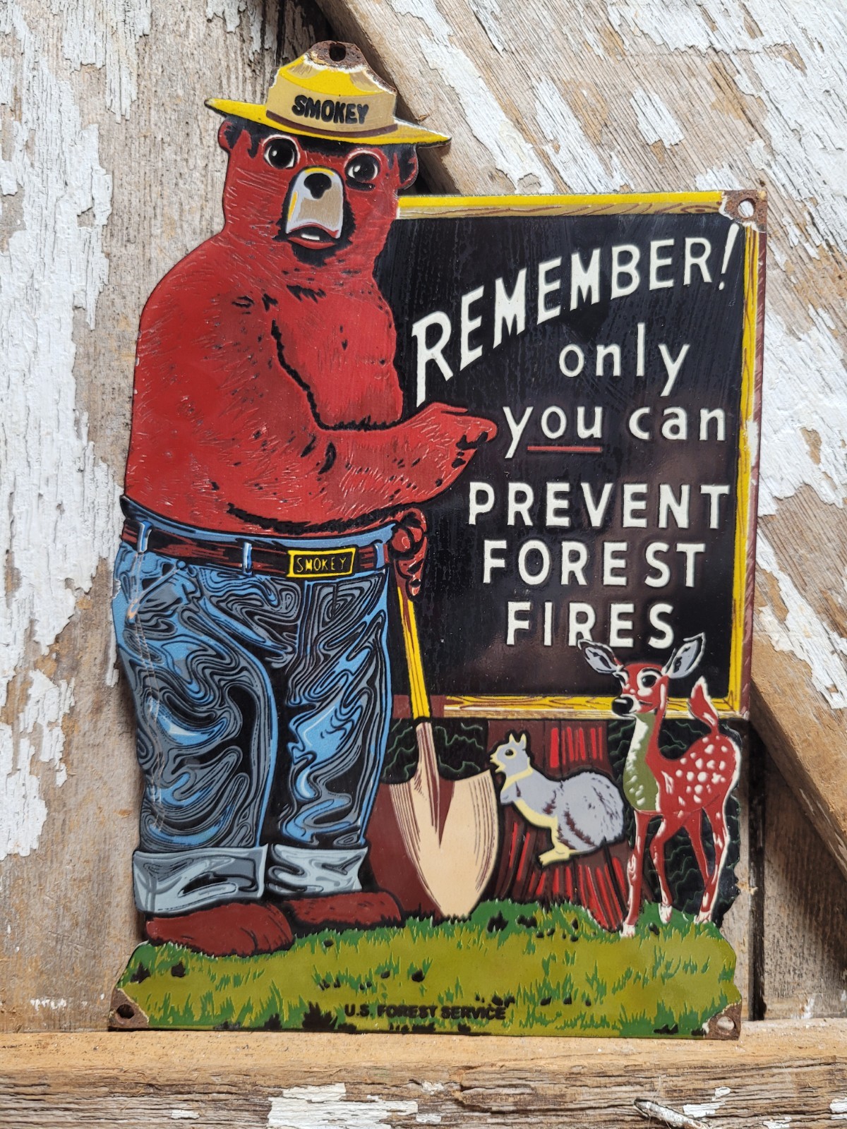 VINTAGE SMOKEY BEAR PORCELAIN SIGN OLD US FOREST SERVICE NATIONAL PARK FIRES USA