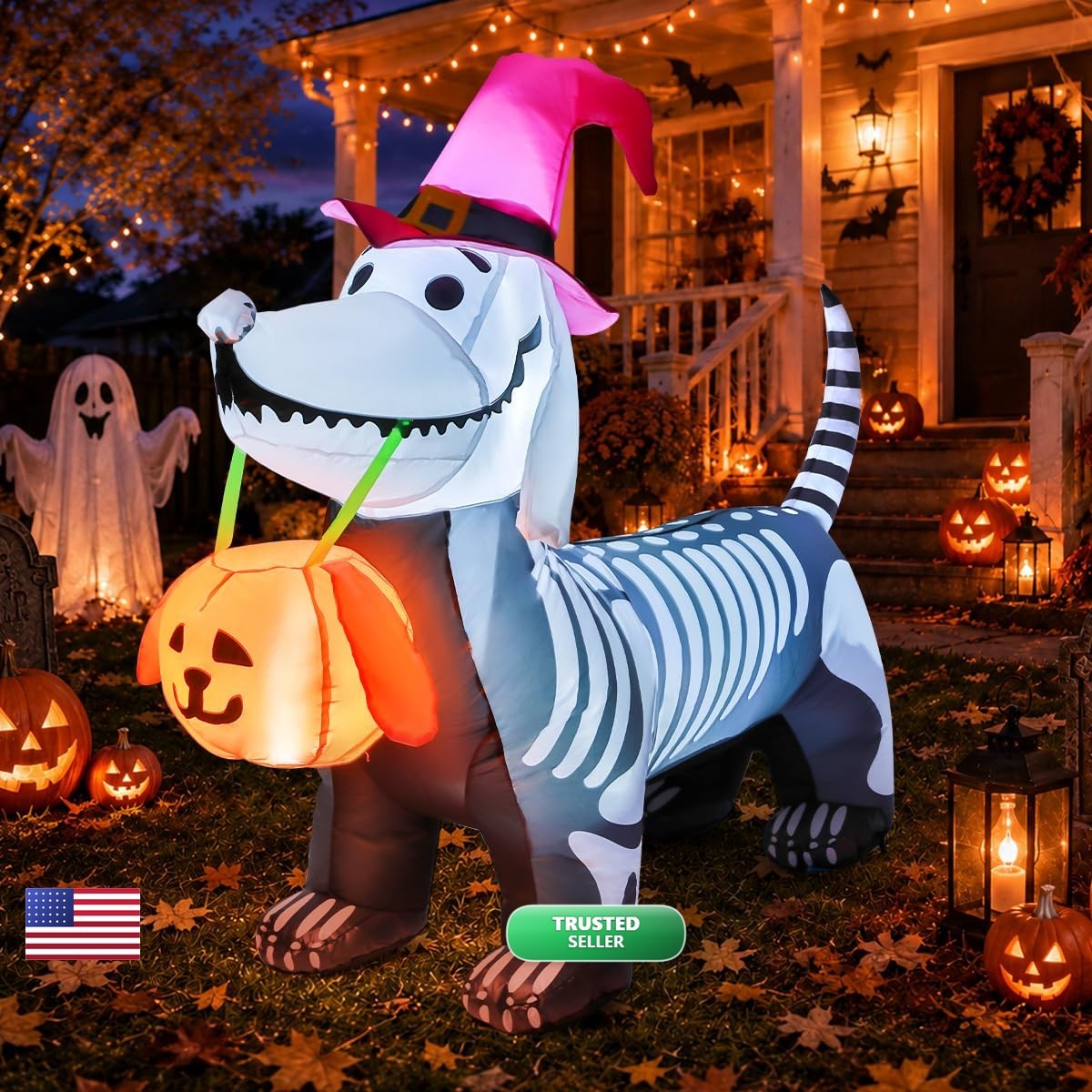 GOOSH 5.5 FT Halloween Skeleton Puppy Inflatable LED Yard Decor