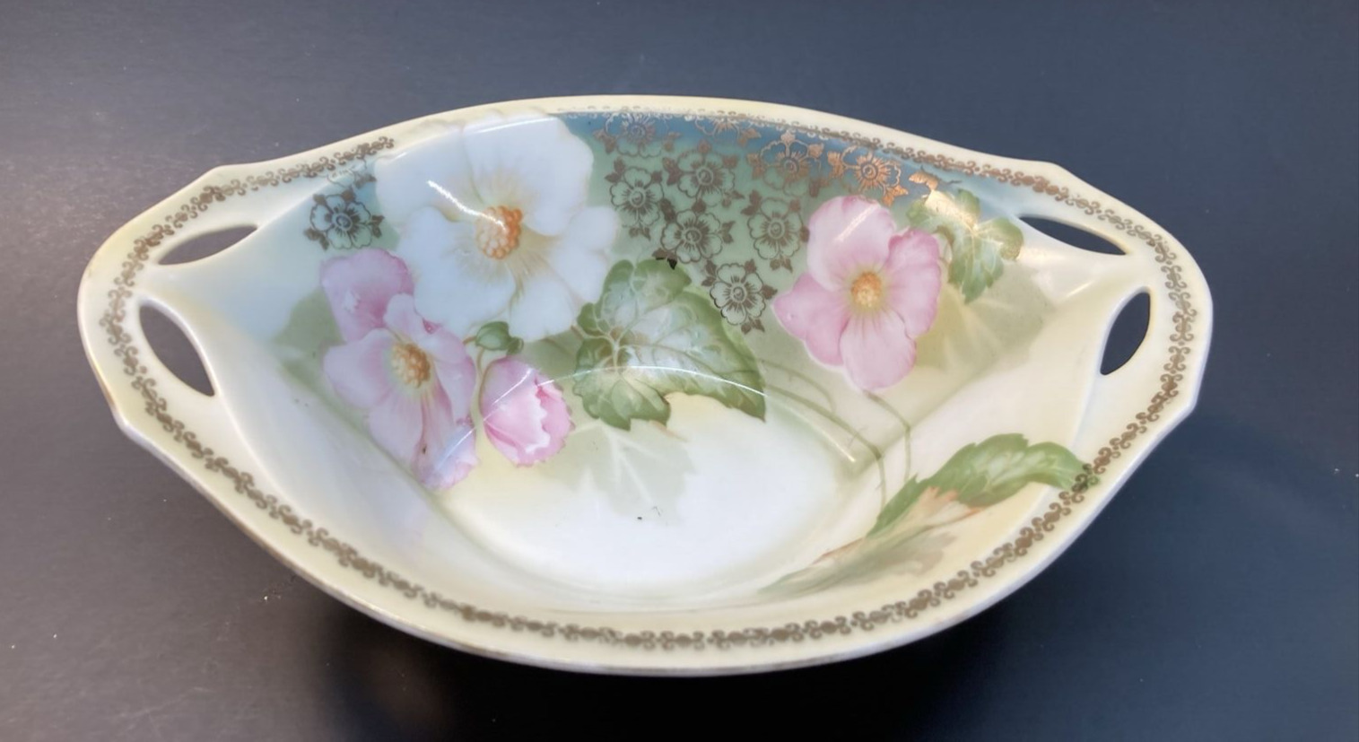 RS Germany 2 Handled 4 Footed Bowl Floral Design with Gold Accents