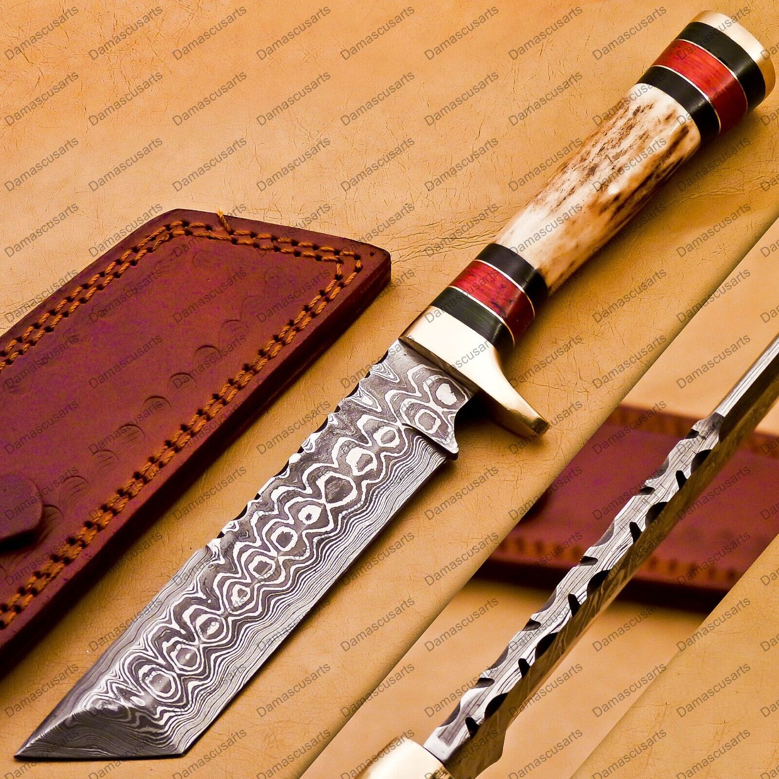 High-End Handmade Damascus Steel Mosaic Bowie Knife Hunting Knife Leather Sheath