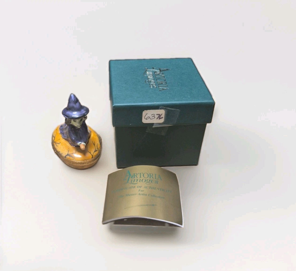 Artoria Limoges Porcelain Trinket Box Witch On Broom with Box & COA
