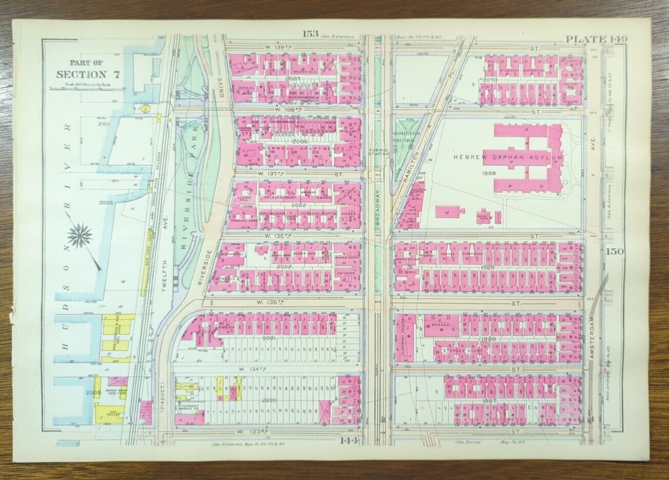 Vintage 1916 HAMILTON HEIGHTS NEW YORK CITY Map HEBREW ORPHAN ASYLUM GW BROMLEY