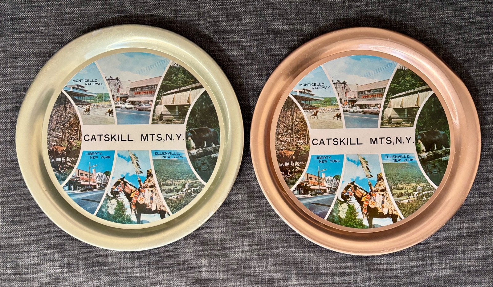 Vintage Catskill Mts NY Aluminum Souvenir Trays Set 2 Rose Gold & Gold 11.25
