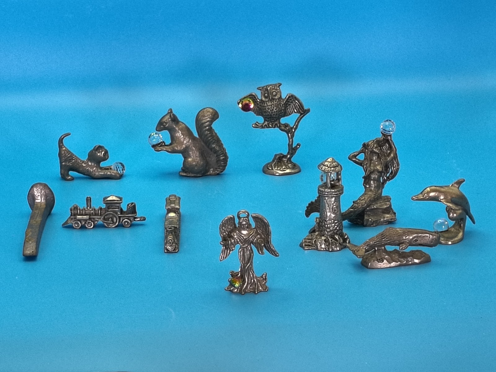 Vintage Handmade Pewter Figureine Lot. 11 Pieces & 2 Free Pieces. Stork & Frog 