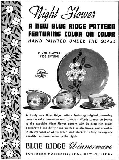 Blue Ridge Dinnerware NIGHT FLOWER Southern Potteries CREAM SUGAR Plate 1952 Ad